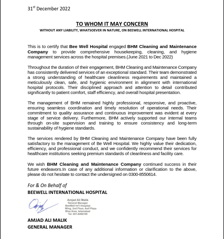 Reference from Bee Well Hospital